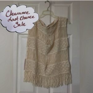 Callahan Women’s Crochet Knit Cream Color Fringe Top Size S